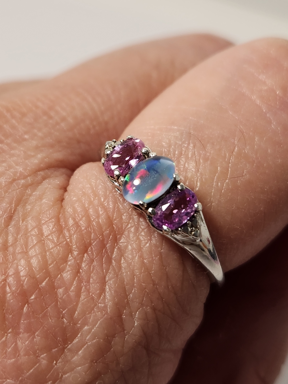 NWT Real Natural Pink & Violet Real Sapphires & Opal Trilogy 925 Ring Sz 7